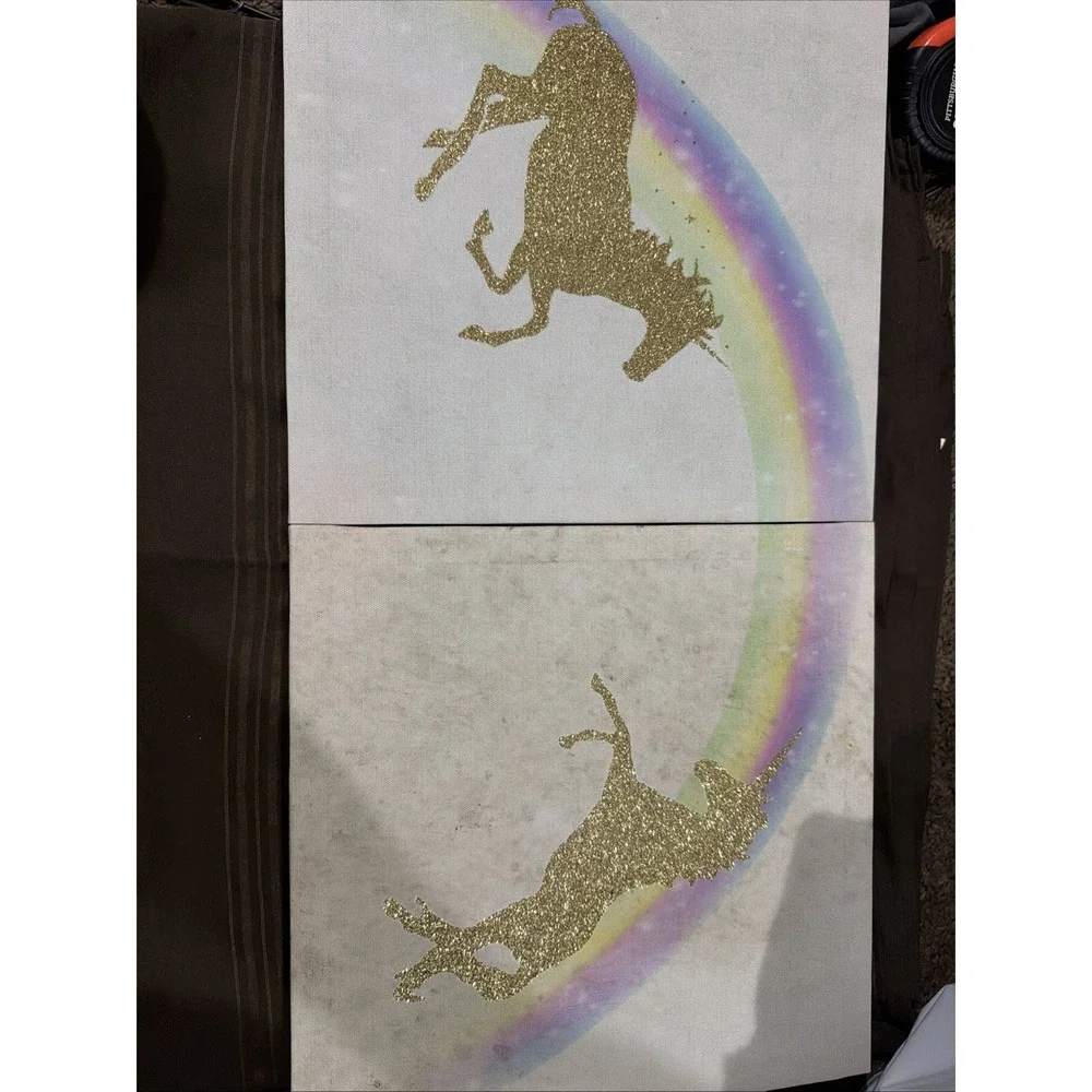 Unicorn Rainbow Glitter Canvas Wall Art Set Gold Sparkle Nursery Decor 2pc